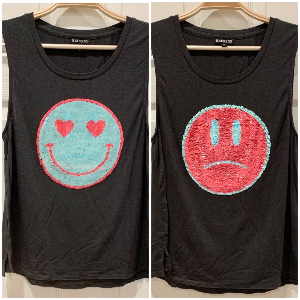 😊 NWOT EXPRESS Dark Grey Modal Color Change Sequin Happy Sad Face Tank Top